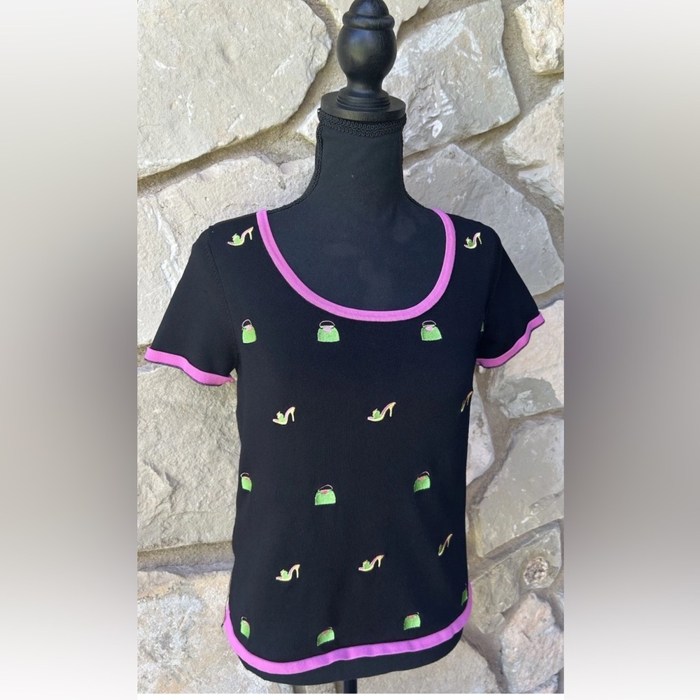 Vintage Hampshire Studio Novelty Top Sweater S Black Embroidered Heels Purses‎